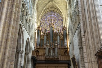 Church organ and rose window in the interior of Saint-Gatien Cathedral in Tours