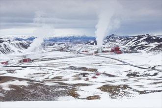Krafla geothermal power plant near the Krafla Volcano and lake Myvatn in winter