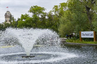 Fountain in the duck pond near the Park Cafe in Aissiniboine Park