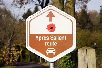 Signpost of the Ypres Salient route along World War One sites near Ieper