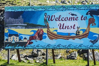 Colourful welcome to Unst board painted by local school children at Belmont on the island Unst