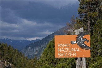 Sign showing logo of the Swiss National Park at Graubuenden