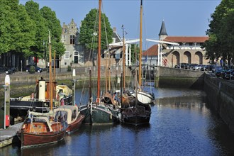 Historical wooden fishing boats of the Zeeland Harbour Museum in the Old Port at Zierikzee