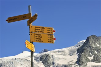 Signpost showing trail directions along mountain path in the Pennine Alps