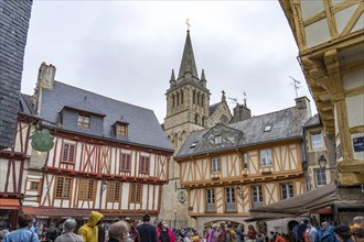 Half-timbered houses in the old town and the cathedral of Vannes