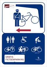 Sign for free guarded underground bicycle shed and Fietspunt at Ghent