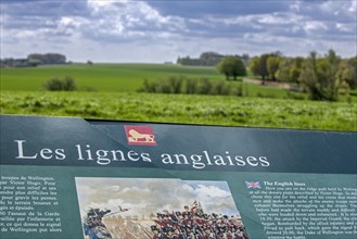 Information board about the English lines and view over the battlefield of the 1815 Napoleonic war