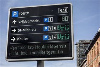 Sign showing available parking places for the different guarded car parks in Ghent