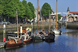 Historical wooden fishing boats of the Zeeland Harbour Museum in the Old Port at Zierikzee