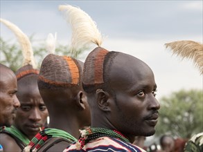 Men with headdresses from the Hamar tribe