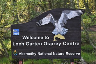 Welcoming board at entrance of the RSPB Loch Garten Osprey Centre in the Cairngorms National Park
