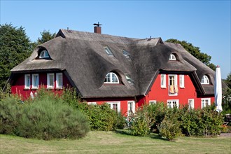 Red country house with thatched roof