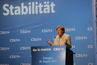 Angela Merkel speaking at a CSU election rally in Bavaria the main slogan of which was stability for Germany. Erlangen
