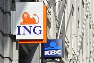 Signboards with logos of ING and KBC banks