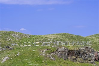 Huge letters of Welcome to Northmavine sign at Mavis Grind in Northmavine