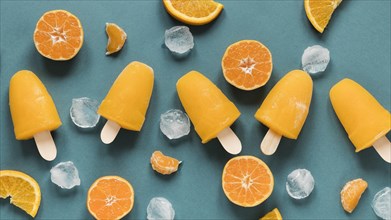 Flat lay yummy popsicles with orange ice