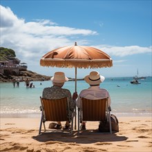 Retired couple sitting on sun loungers under an umbrella and looking at the sea