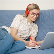 Online remote courses cute student her laptop