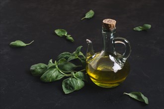 Bottled olive oil with spinach around it