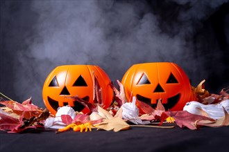 Detail of Halloween pumpkins over red autumn leaves and ghosts with smoke on a black background