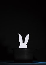 White paper cut out rabbit heads top black hat against black background