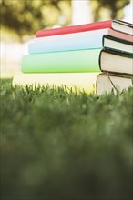 Textbook pile with bright covers green grass