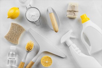 Flat lay cleaning products with lemon baking soda