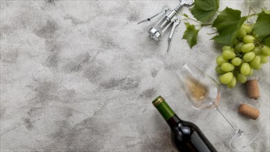 Top view wine bottle marble background