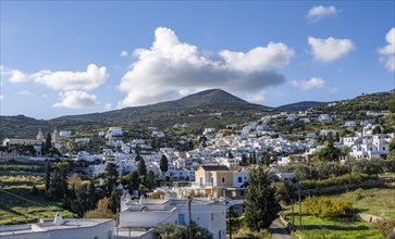 View over the village of Lefkes with white Cycladic houses
