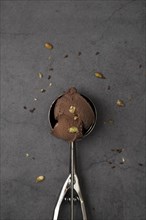 Flat lay ice cream scoop with chocolate flavor