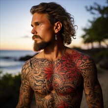 Man with tattoos on upper body on the beach and beach club