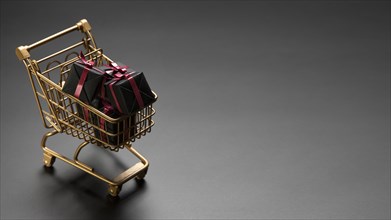 Bunch black friday gifts golden shopping cart with copy space