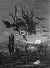 Witch flying through the night on a staff