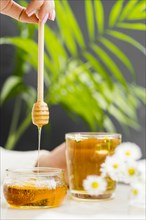 Woman holding glass with tea honey dipper