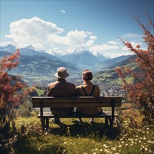 Retired couple sitting on a bench in the mountains and looking at the mountain panorama