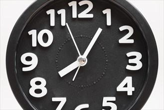 Close up black wall clock face white background