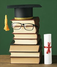Front view stacked book with academic cap glasses