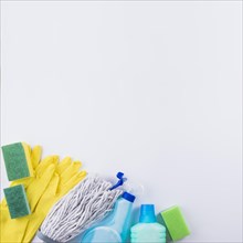 High angle view cleaning products grey background