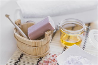 Soap cream near essential oil