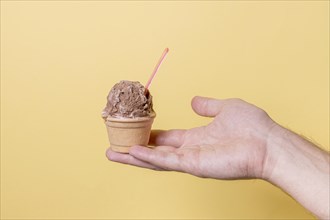 Hand holding little ice cream chocolate scoop