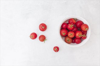 Red tomatoes white bowl white textured background