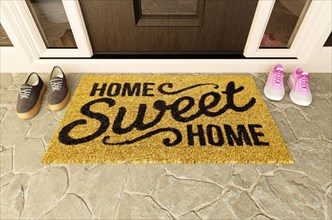 Home sweet home doormat with man and woman shoes on the porch at the front door