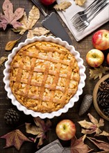 Top view thanksgiving apple pie with autumn leaves pine cones