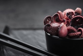 Close up squid bowl with chopsticks
