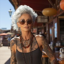 Woman with tattoos on torso at the beach and beach club