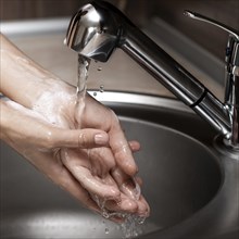 Woman washing hands sink