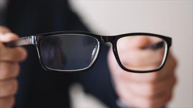 Man holding pair glasses with black frame