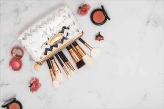 Professional make up bag with brushes compact powder marble background