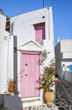 White Cycladic houses with pink doors and windows and flower pots
