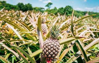 Harvest season and cultivation of pineapples. View of a beautiful growing pineapple plantation. in gardeen. Harvest of pineapple fruits outdoors